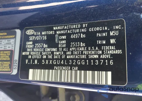 2016 Kia Optima Ex z USA, uszkodzony, nr VIN 5XXGU4L32GG113716